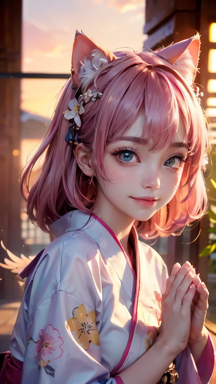 ((Highest quality)), ((masterpiece)), (detailed), 8K, High Resolution,One girl, Pink Hair, Perfect Eyes, Goddess of Athena, (I'm praying:1.3), Hands together, (have confidence:1.6), (Facing forward:1.5), (Be confident:1.5), japanese festival on background, smile, pink floral yukata, Cat ear, (Angel's wing:1.2), big eyes, (The body also faces forward:1.5),