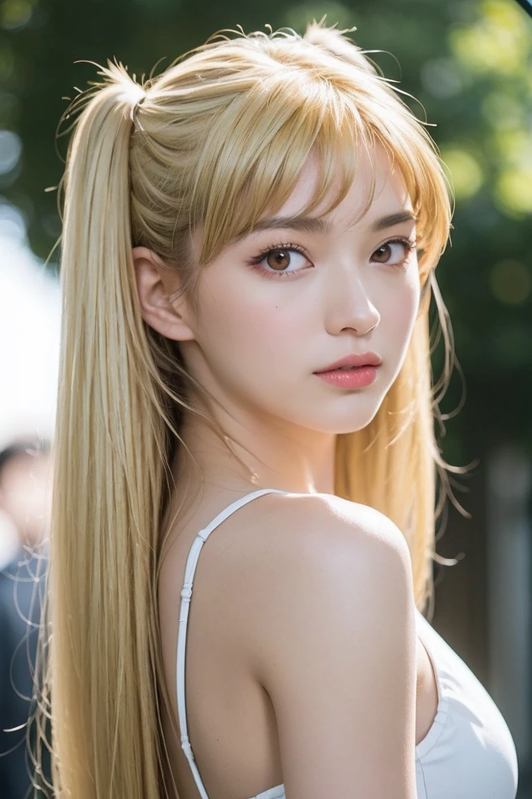 rui satome,(Best quality,4K,8K, yes,A high resolution,Masterpiece:1.2),Ultra-detailed,(Realistic,Photorealistic,photo-realistic:1.37),Illuminated, ,独奏,1 girl,long hair ,blonde hair，portrait,Put your hands behind your back，twintail,sawachika eri, twintails, long hair, blonde hair, medium breasts, brown eyes, hair ribbon