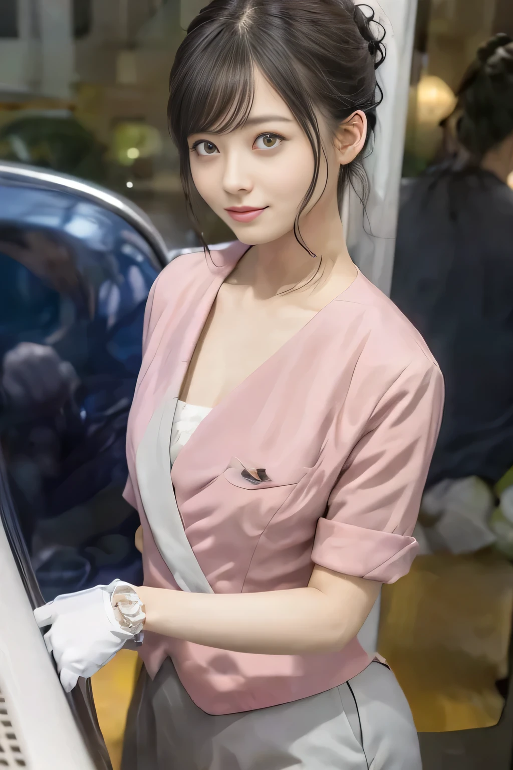 Showing your belly button、(masterpiece:1.2, Highest quality:1.2), 32k HDR, High resolution, (alone、1 girl)、 (Height: 160cm)、（On the rooftop of a building in the daytime、Professional Lighting）、Building rooftop background、（Nankai train crew uniform pinkを着たリアルスタイル）、（Nankai train crew uniform pink short sleeve collarless pink jacket、Nankai Train Crew Uniform Pink Collarless Short Sleeve Blouse、Nankai Train Crew Uniform Pink Grey Knee-length Culottes）、（The pink jacket is showing from the culottes.）、Dark brown hair、（Hair tied up、Hair tied up、Evening curly hairstyle）、Dark brown hair、Long Shot、Big Breasts、Thin legs、（（Great hands：2.0）），（（Harmonious body proportions：1.5）），（（Normal limbs：2.0）），（（Normal finger：2.0）），（（Delicate eyes：2.0）），（（Normal eyes：2.0））)、smile、（Nankai Train Crew Uniform Pink Grey Knee-length Culottesを見せた美しい歩く姿）、Place your hands around your stomach
