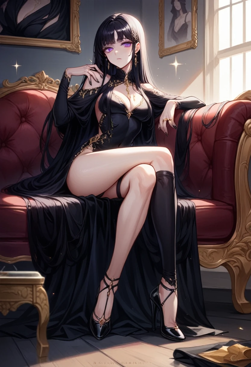 Realistic manhwa poster in minimalist oil painting. A girl, beautiful, Skinny body, long black hair with curls, violet eyes with golden sparkles, abundant eyelashes, long black nails, wear a wedding ring with a black diamond. Wear a black dress, wear high heels, wear gold jewelry with black diamonds, sitting on a couch