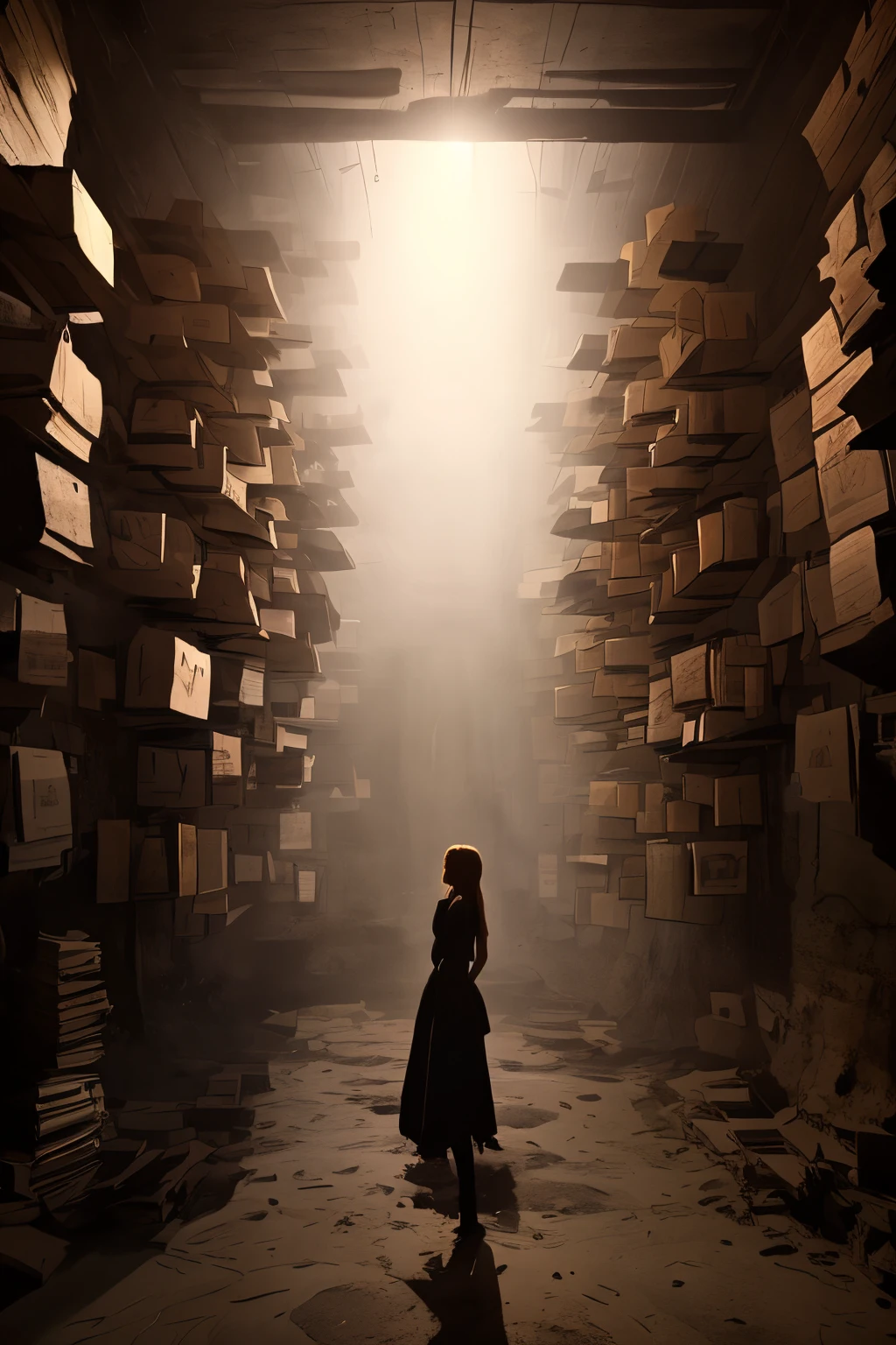 (best quality, masterpiece, 1girl, dark world, black wall, stacking small colorful boxes, focused, highly detailed, dramatic lighting), ((Pitch black space, Pitch black walls))