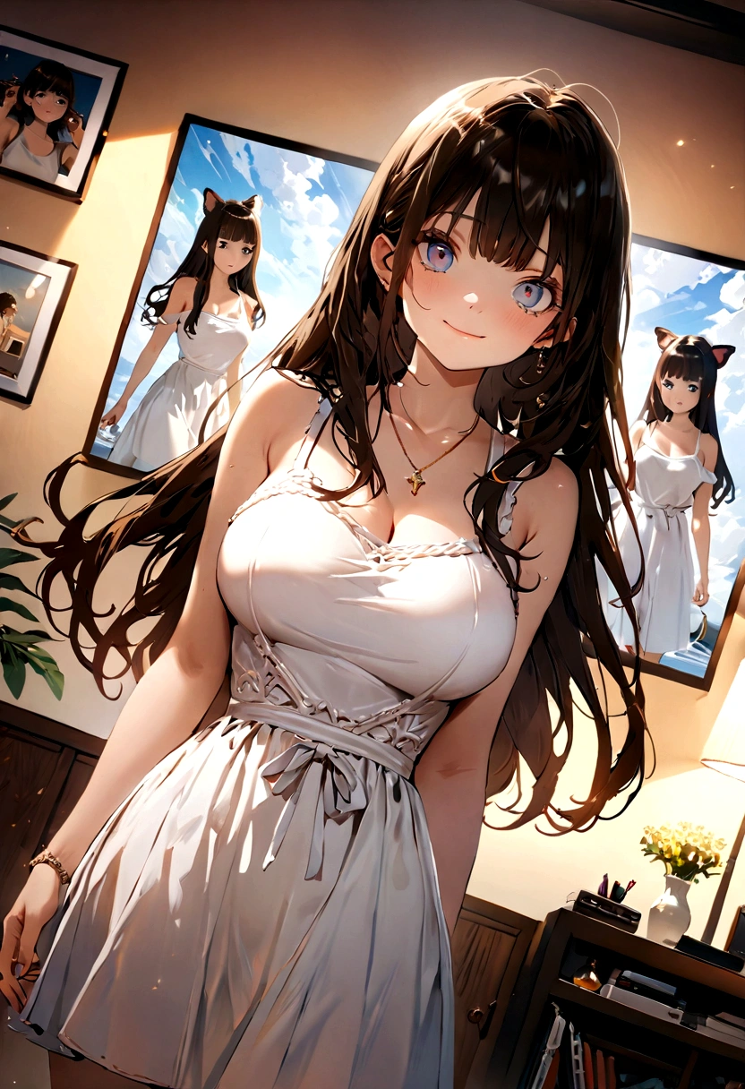 ((1girl)), super fine illustration, vibrant colors, absurdres extremely detailed CG, 8k wallpaper, (masterpiece:1.3), dynamic angle, dynamic pose,
best quality, depth of field, cinematic lighting, ultra detailed, brown long hair, very straight hair, large breast, white knit dress , 20yo, cute, kawaii, smile, droopy eyes, arms at sides, smartphone, modern living room, The screen of the smartphone in his hand is facing towards me