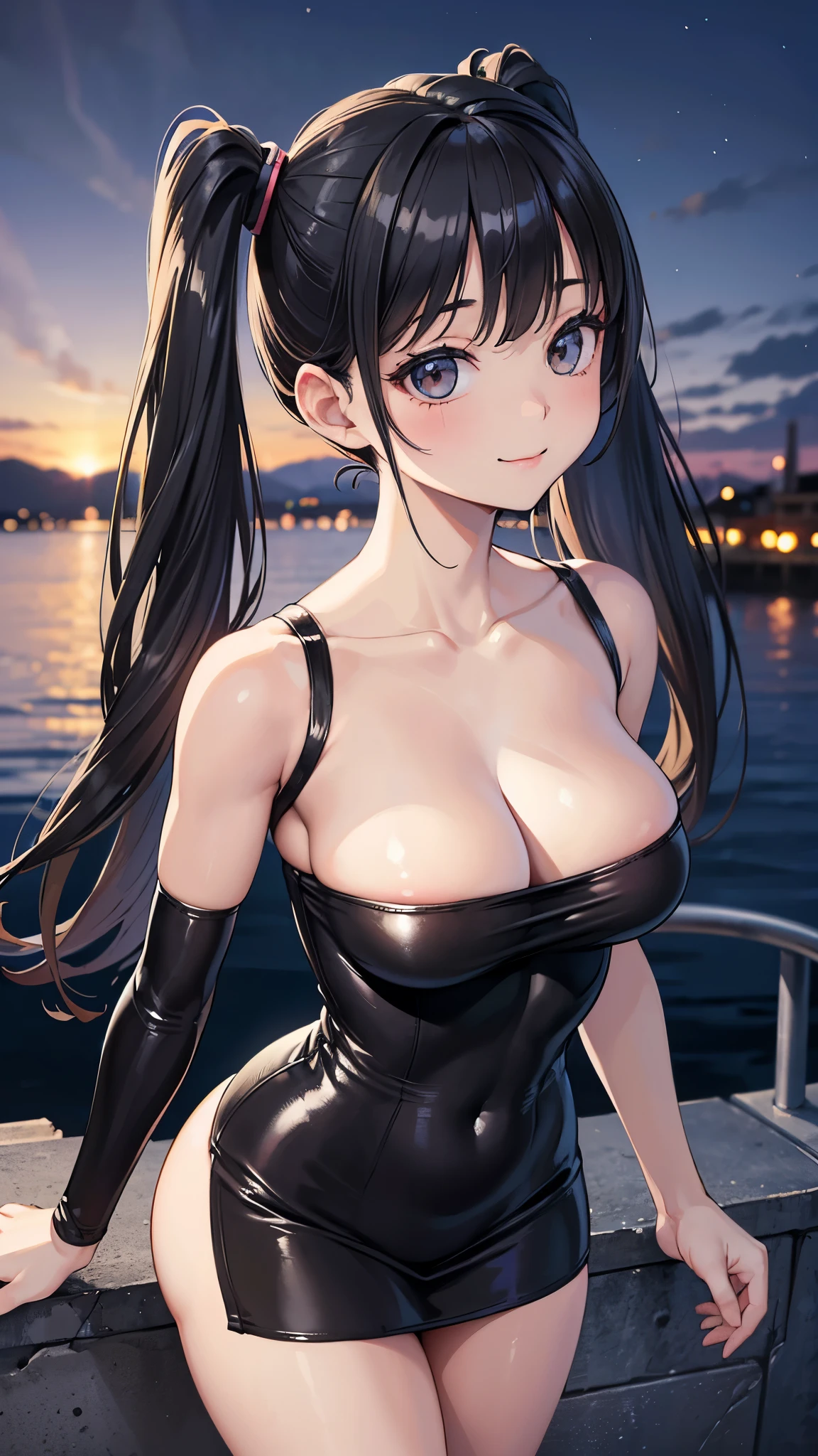 (masterpiece:1.3, Highest quality, Ultra-high resolution, Very detailed), (Realistic:1.1, photoRealistic:1.4), Beautiful illustrations, Perfect lighting,Written boundary depth, Beautiful detailsまでこだわった髪, Beautifully detailed face, Beautiful details, Beautiful clavicle, Beautiful body, Beautiful and juicy breasts, Beautiful thighs, Beautiful feet, View your viewers, 1 Girl,Perfect Face, (Perfect Anatomy, Anatomically correct), Cute and symmetrical face、、((Shiny Hair)),(Beautiful views),(Outdoor, Blurred night cityscape),(かわいいsmile, smile)、Sexy Body、(masterpiece),(Highest quality:1.3),8K,Very clear,(Ultra-realistic), One Girl,Wide Shot,((Large Breasts)),Wide Hips,Beautiful feet, Captivating woman、(masterpiece、Highest quality、Very detailedな)、((1 Girl))、((Black hair twin tails))、black eye、((とてもLarge Breasts))、Cleavage、((((Short tight fitting strapless mini dress))))、((Beautiful body lines))、((Sexy ass))、(((Looking back angle)))、Cowboy Shot、