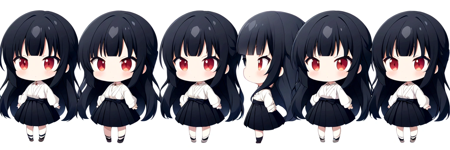 chibi\(style\),whole body、Black Hair、blunt bangs、Semi-long hair、White shirt,Black Stretched Skirt、1 girl, 2D CG, Advanced digital anime art, anime character、Background white