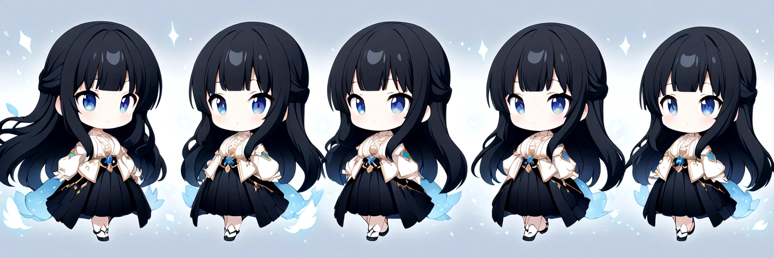 chibi\(style\),whole body、Black Hair、blunt bangs、Semi-long hair、White shirt,Black Stretched Skirt、1 girl, 2D CG, Advanced digital anime art, anime character、Background white
