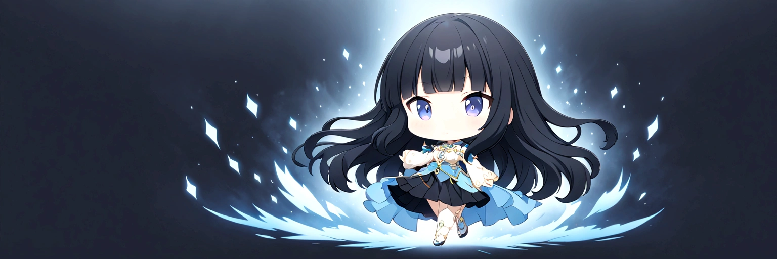 chibi\(style\),whole body、Black Hair、blunt bangs、Semi-long hair、White shirt,Black Stretched Skirt、1 girl, 2D CG, Advanced digital anime art, anime character、Background white