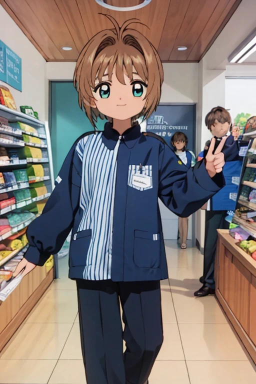 konbini, scenery, shop, indoors, || LAWSONU, employee uniform, uniform, id card, striped, shirt, pants,, ultra detailed, masterpiece, best quality, aesthetic, detailed,, solo, soft smile, light smile,
1girl, medium breasts,アニメ,cute, 6 year old girl,Short Bob Hair,Brown Hair,Your eyes are shining,Happy expression,Beautiful background,High resolution backgrounds,Card Captor Sakura,Her uniform is torn and her underwear is exposed.