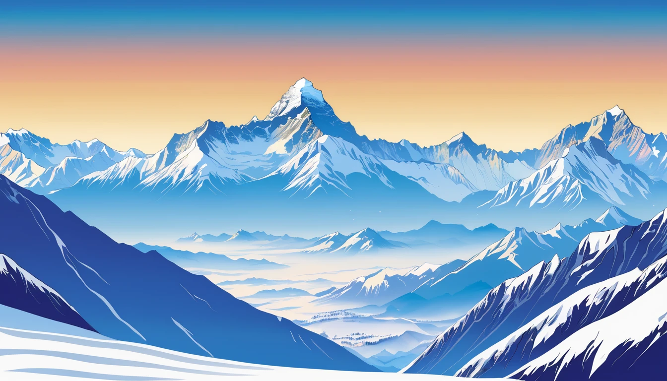 ((high resolution: 1.1))Himalayas,Snowy,The sky is magnificent。Wide panorama,high resolution、High Definition,Cool colors,Flat Wind,Minimalist illustration,Vector。