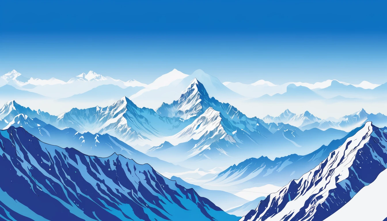 ((high resolution: 1.1))Himalayas，Snowy，The sky is magnificent。Wide panorama，high resolution、High Definition，Cool colors，Flat Wind，Minimalist illustration，Vector。