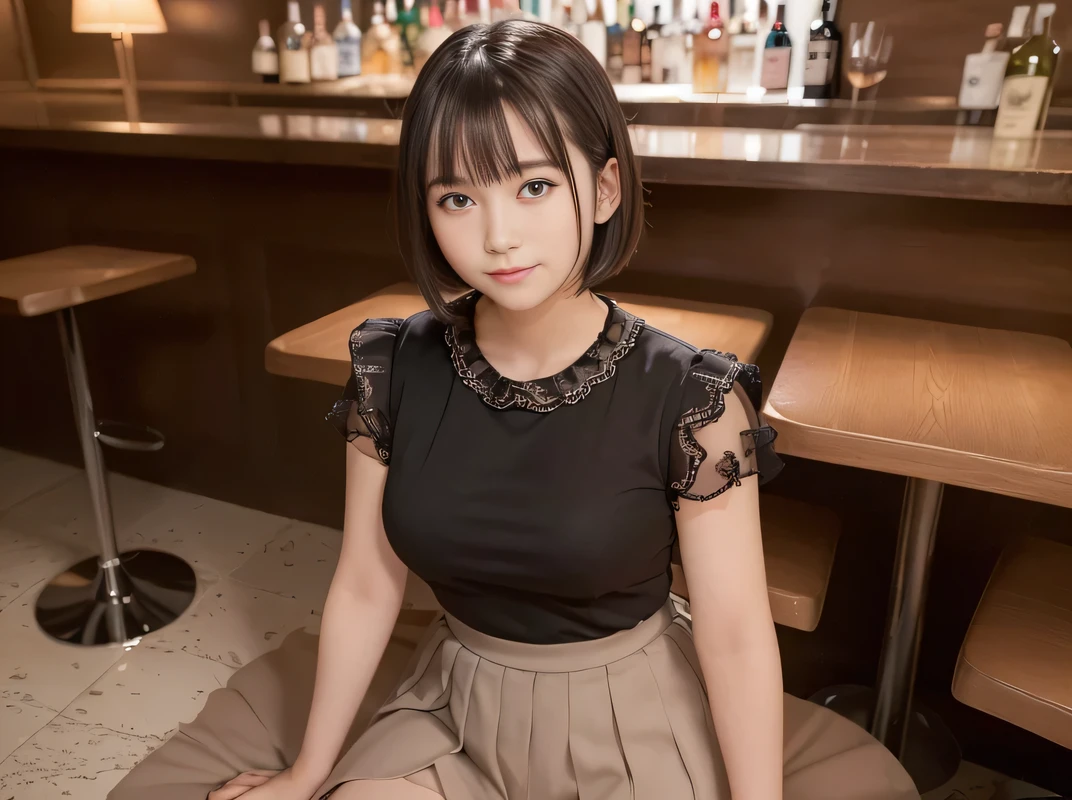 (Highest quality, masterpiece, Ultra-high resolution, 8K, RAW Photos, Realistic, Anatomically correct:1.5), 20-year-old girl:1.2, Embarrassing, avert your eyes, blush:1.0, View Viewer, ((Bar Lounge)) 、Night view、 Light:1.2, Bokeh, Cinema Lighting:1.0, Depth of written boundary, sharp、 Cute face、Idol、Black short sleeve lace top、Black pleated skirt、Black clothing、”dwarf”、(Floral clothes)、(Full Body Shot)、Side angle、Cowboy Shot、 smile、(Ultra short hair)、(Short bob cut)、(Straight bangs)、((See-through))、(( One Girl))、Large Breasts、
