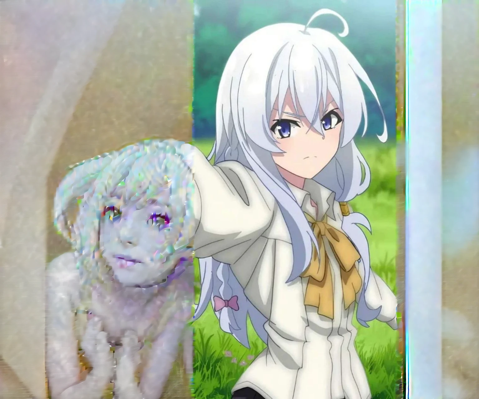 a close up of a person stretching her ahnd palm facing up, an anime drawing inspired by Tomioka Tessai, trending on pixiv, shin hanga, anime visual of a cute girl, anime character, anime moe artstyle, female anime character, today's featured anime still, nyaruko-san, anime best girl, anime girl named lucy, white haired deity