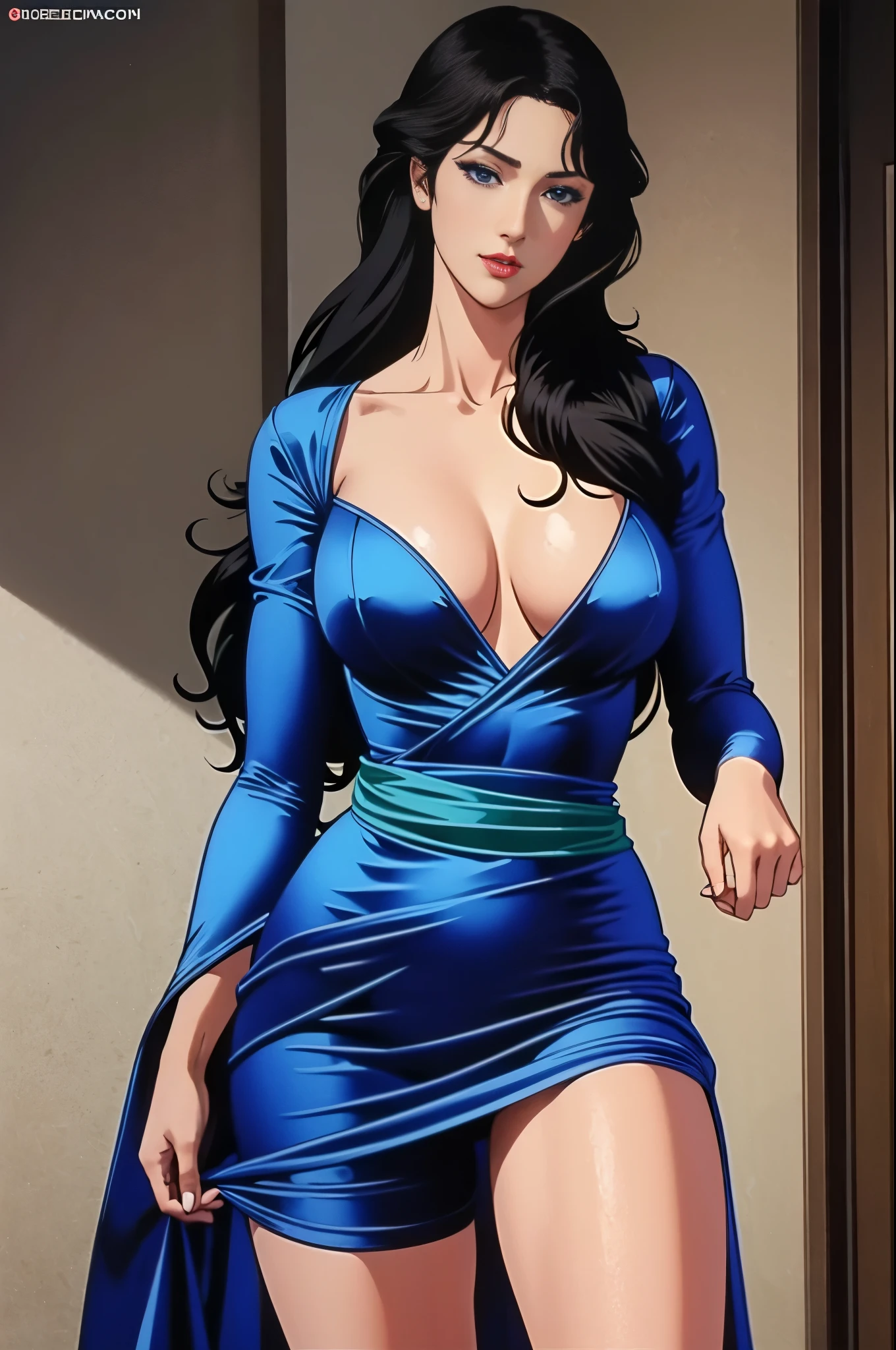 ((masterpiece)), Highest quality, Very detailed, Absurd, 8K, wonderful, Very detailed, The finer details, Browsing Caution, (Very complicated:1.2), (Very delicate), Very detailed, RuiKisugi, 1 Female, Long Hair, Wavy Hair, Black Hair, eyelash, blue eyes, lipstick, Purple bodysuit, Strapless, No sleeve, Green sash, One girl, (whole body:1.2), (Finding_stance:1.3), Very detailed face, Nice fine detail, Perfect Eyes, Fascinating eyes, Beautiful attention to detail, Small Mouth, Fascinating_smile, Mature Woman, Mature Woman, Body with nine heads, thin, compensate, Big Breasts, (museum:1.3), (Urzan-6500-v1.1), Detailed fingers, Perfect hands, Length 180cm,Small face,sweating, Soft thighs,Sexy legs,Sexy ass, Cleavage,Open the chest,Angle from below,(Low angle shot:1.1),((Amazing orgasm)),赤いlipstick, whole body写真撮影,大きなSexy ass, Perfect Body Proportions, Slim waist,Nipples visible,Tight waist,(Long legs:1.2),Shiny skin,G-cup bust,
