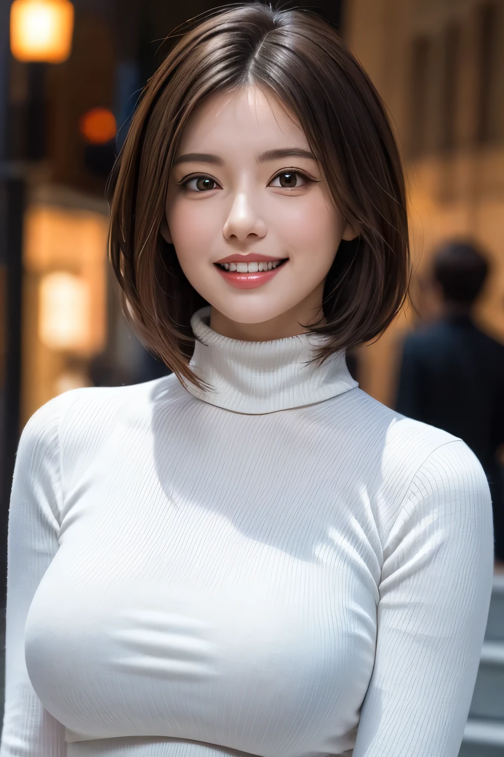 ((masterpiece)), ((Highest quality)), ((Complex)), ((Surreal)), (Realistic), (Mature Woman), ((No classes)), Very detailed, (1 female), Big Breasts, Beautiful and detailed, (Beautiful Teeth), Grin, Brunette Bob Hair, Brown eyes, (Blue long turtleneck), (Upper Body), (background: underground), detailed background, Perfect Eyes, Captivating eyes, Looking at the audience, from before