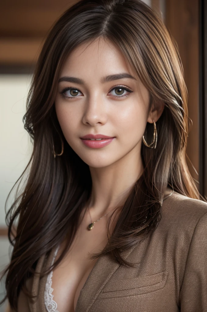 On the table,Best quality, realistically, ultra - detailed, Detailed pubic hair, A high resolution, solid color backdrop,8k wallpaper, 1 Beautiful woman,,light brown messy hair, Wear a dark suit, lock focus, Perfect dynamic composition, beautidful eyes, Delicate hair, Detailed realistically skin texture, Smiling, closeup portrait, Model body type