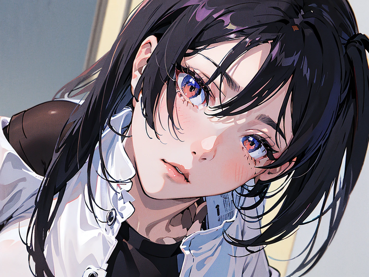pale, black haired, japanese girl. She has a bob hairstyle. Her expression is cold, she has sharp eyes, Hair is loose, She slightly looks down at you, her torso can be seen, wears a white blouse and tight black jeans