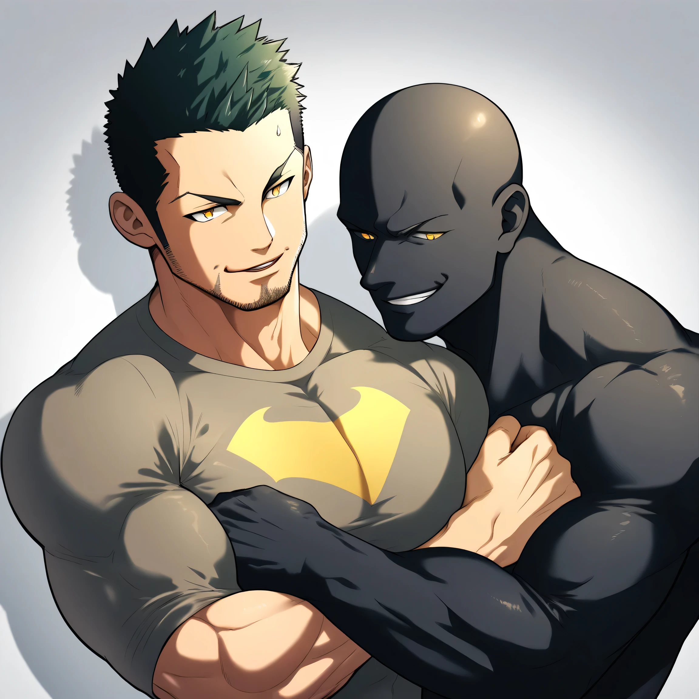 anime characters：Two superheroes in tights, Priapus and Muscle skinhead superhero, negro black skin, They hugged and kissed each other, Bite your neck, Caress, Manliness, male focus, Yellow and black high collar long sleeve tight T-shirt, Slightly transparent material, Very tight, Round, full and perky chest muscles, Muscle waist, Slightly transparent, muscular male, muscular, only, Upper body, alone, Black short hair, Thick eyebrows, stubble, Yellow eyes, Grey background, simple background, amazing quality, best aesthetics, Ridiculous, bright pupils, crew cut, parted lips, seductive smile, torogao, naughty face, drop shadow, best quality