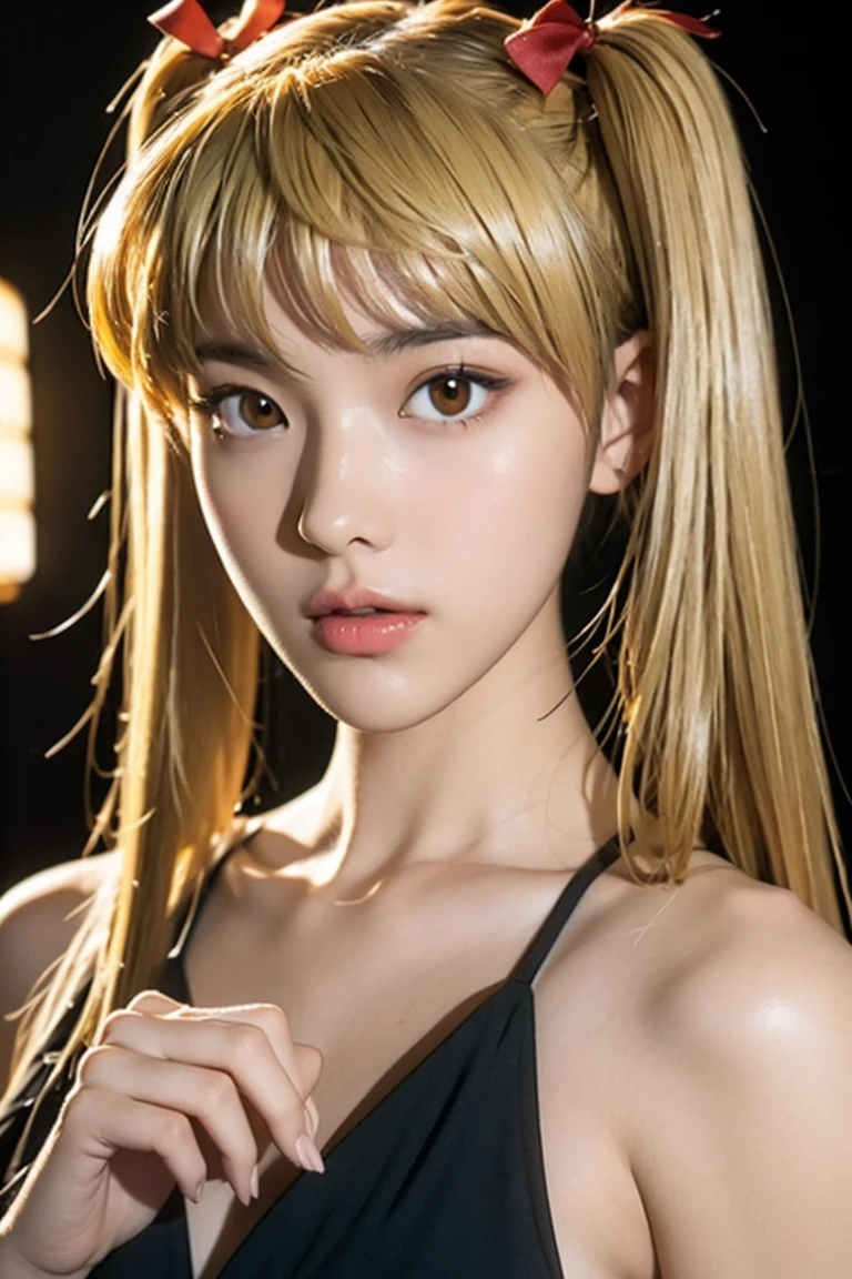 rui satome,(Best quality,4K,8K, yes,A high resolution,Masterpiece:1.2),Ultra-detailed,(Realistic,Photorealistic,photo-realistic:1.37),Illuminated, ,独奏,1 girl,long hair ,blonde hair，portrait,Put your hands behind your back，twintail,sawachika eri, twintails, long hair, blonde hair, medium breasts, brown eyes, hair ribbon