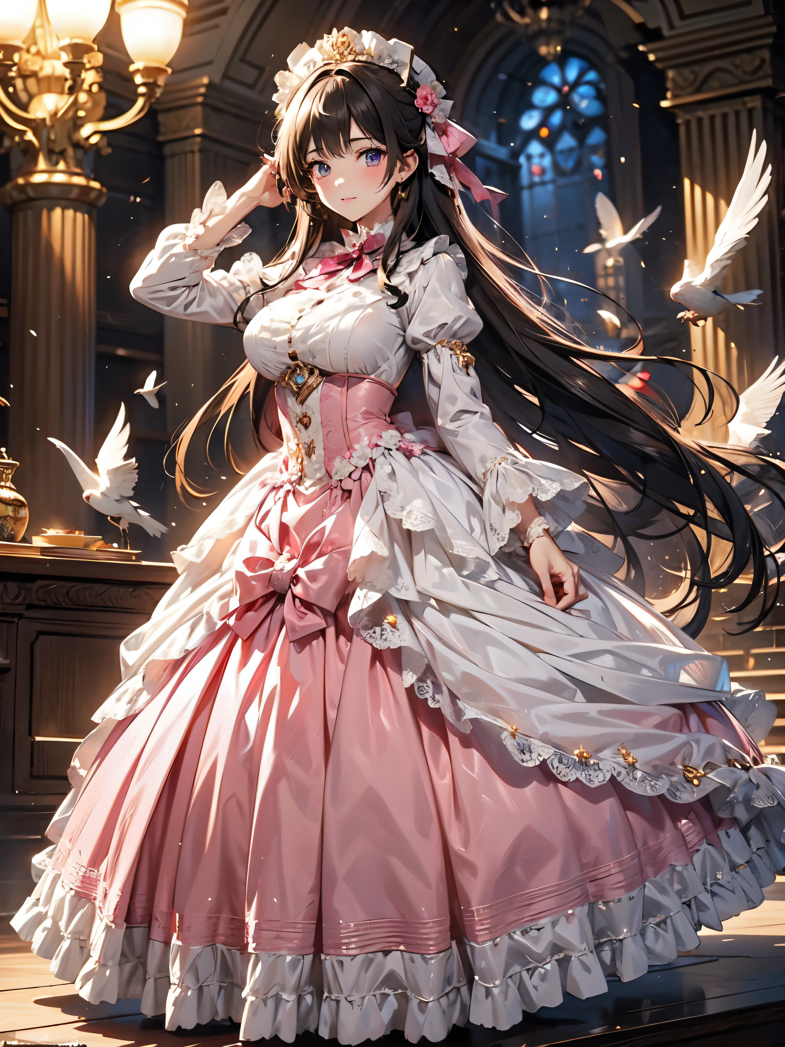 (((Ultra gorgeous beautiful dress is  magenta pink rococo victorian gown with hoopskirt and long hems))), (solo lady :1.2:huge breasts:1.2), (Expressive hair:1.2:very voluminous and very long hair:1.2), bangs, (full body:1.3), (super delicate face:1.3:masterpiece:1.3:ultra detailed:1.3:an extremely delicate and beautiful:1.2:unity 16k wallpaper:1.1), (moe anime art style:1.1),