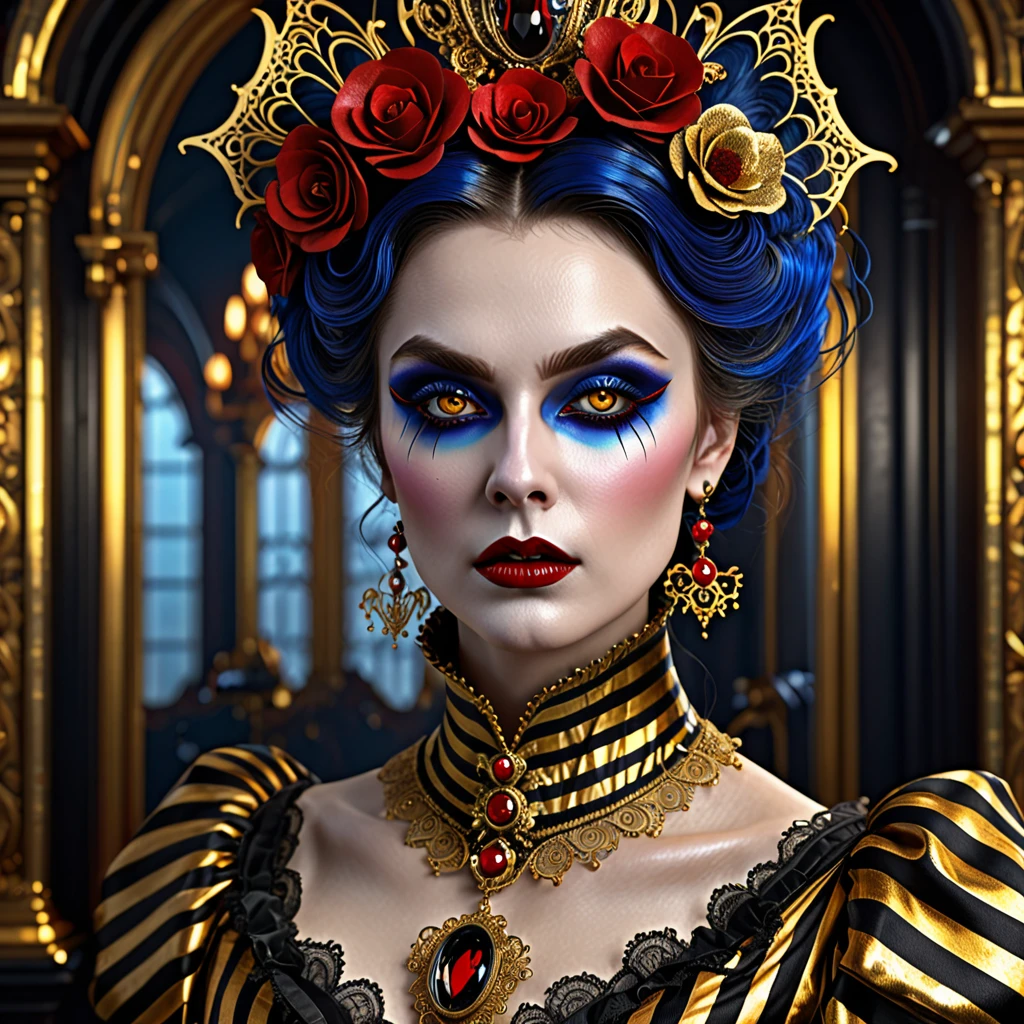 Victorian vampire makeup, in the style of striped painting, mystic art,
intricately textured, colorful costumes, mixed the style of futuristic
glamour and rococo-inspired art, bold and busy, gold and black, gloomcore,
intricate artwork masterpiece, golden ratio, trending on cgsociety,
intricate, epic, trending on artstation,
unreal engine, 8k, hdr