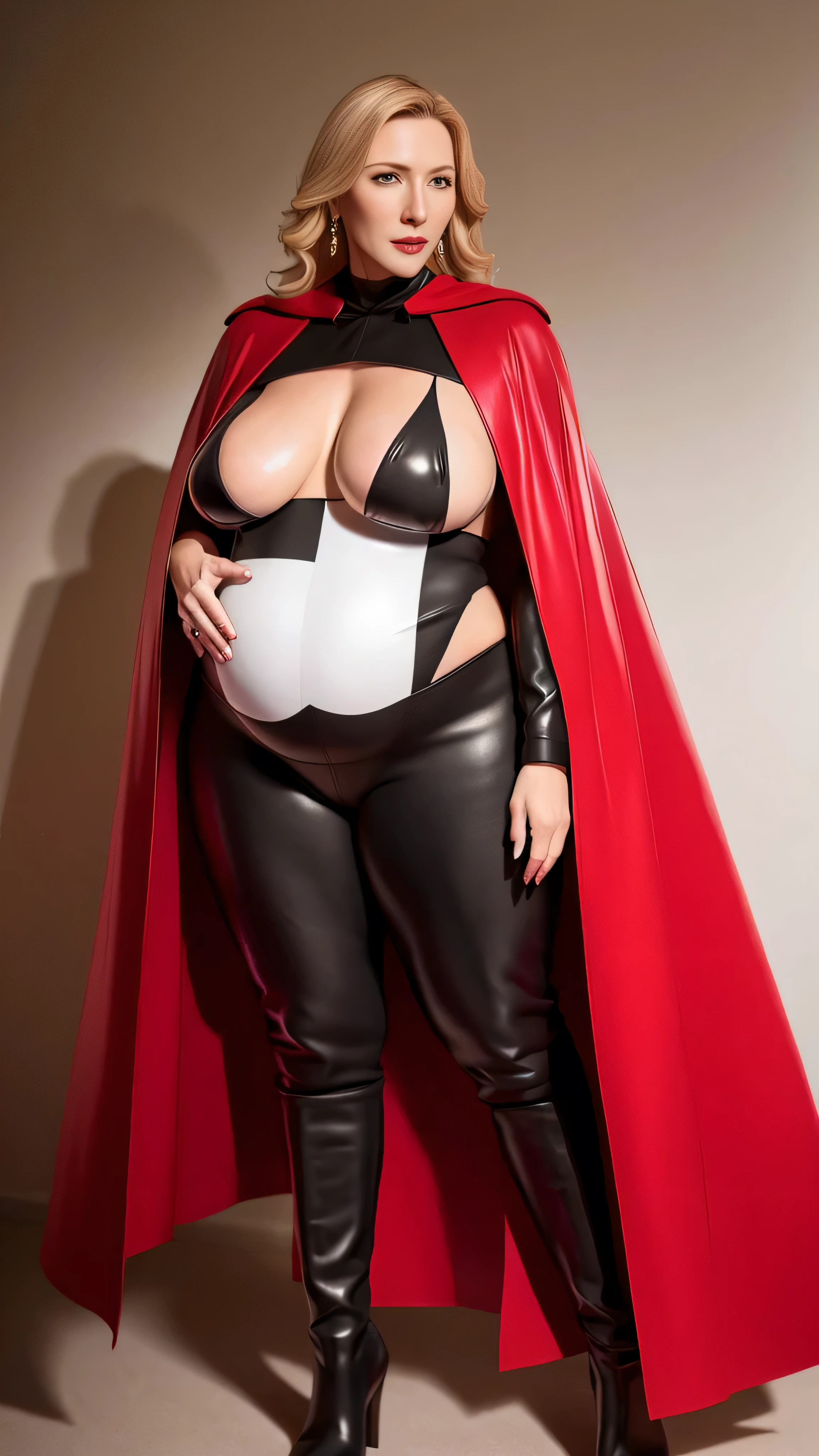 Gestapo:1.3, mature plump woman,Pregnant women, Very large breasts:1.7, Plus Size Model:1.3,Cate Blanchett, White women(Germany), 50 years old,, Very red lips, Are standing:1.7,blonde(Long straight line),Fat,smile,Very tight red catsuit,Black Cape(Cape), Pregnant women, Plus Size Model,Fair skin,White women(Germany), 50 years old, Very red lips:1.7, blonde(Long straight line), Cate Blanchett, Very large breasts:1.7, Plus Size Model:1.3,Very tight red catsuit,Black Cape(Cape), huge sapphire earrings:1.7, huge sapphire earrings:1.7, Gestapo:1.3, Knee-high socks, Knee-high boots,