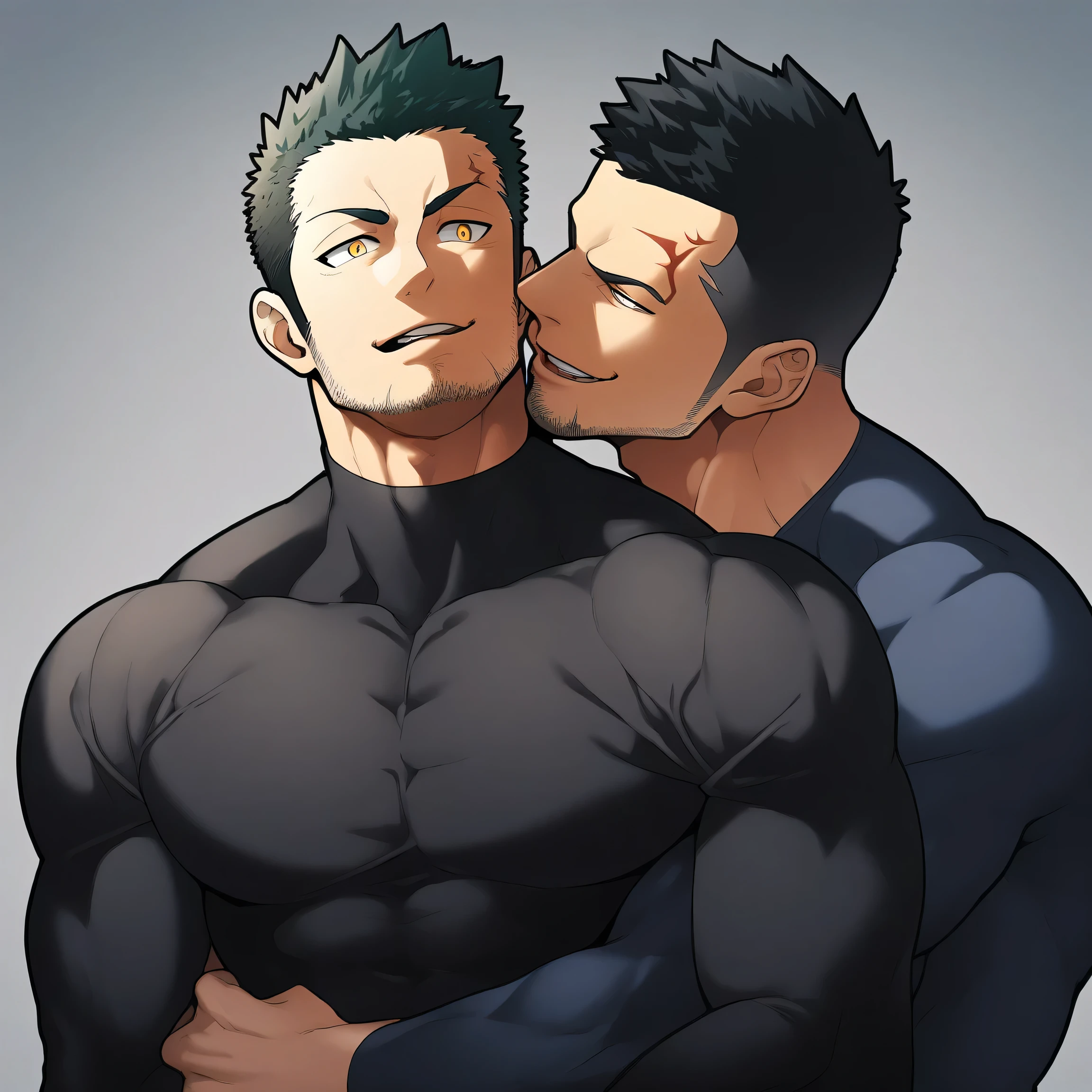 anime characters：Two superheroes in tights, Priapus and Muscle skinhead superhero, No Face，negro black skin, They hugged and kissed each other, Bite your neck, Caress, Manliness, male focus, Yellow and black high collar long sleeve tight T-shirt, Slightly transparent material, Very tight, Round, full and perky chest muscles, Muscle waist, Slightly transparent, muscular male, muscular, only, Upper body, alone, Black short hair, Thick eyebrows, stubble, Yellow eyes, Grey background, simple background, amazing quality, best aesthetics, Ridiculous, bright pupils, crew cut, parted lips, seductive smile, torogao, naughty face, drop shadow, best quality