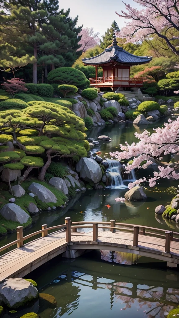 (digital painting),(best quality), serene Japanese garden, cherry blossoms in full bloom, koi pond, footbridge, pagoda, Ukiyo-e art style, Hokusai inspiration, Deviant Art popular, 8k ultra-realistic, pastel color scheme, soft lighting, golden hour, tranquil atmosphere, landscape orientation