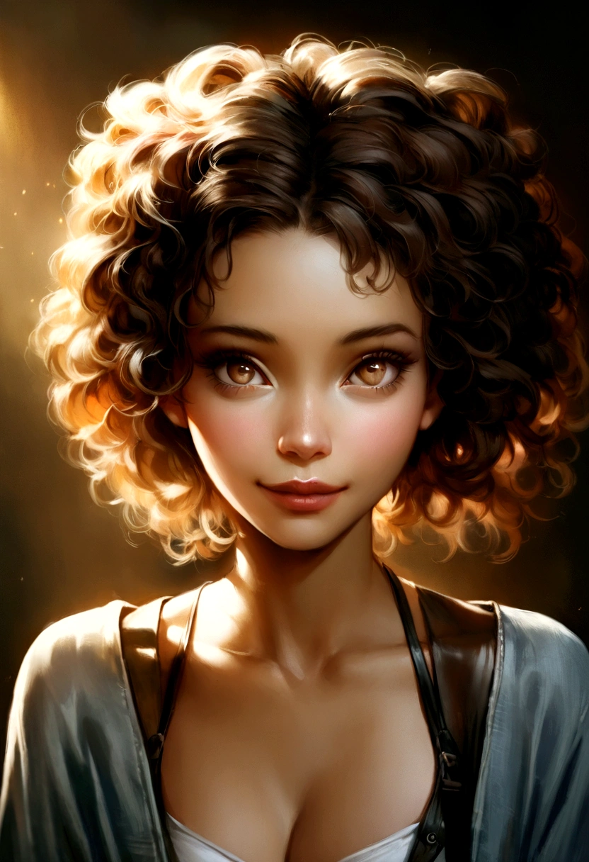 (portrait, editorial photograph of a beautiful black girl, adorable face, long brown curly hair, hazel eyes, by lee jeffries, nikon d850, film stock photograph ,4 kodak portra 400 ,camera f1.6 lens ,rich colors ,hyper realistic ,lifelike texture, dramatic lighting, (highly detailed face:1.4), perfect eyes, realistic iris, perfect teeth, (smile:0.7), (background dark, shadow of the leaves, moody, cleavage), sun rising, early morning light, Wishing for something, masterpiece, best quality, photorealistic, Citizen of Guinea-Bissau, very cute super model, perfect anatomy, skinny, ((1 girl)), (colorful reflections in the eye) seducing you longingly