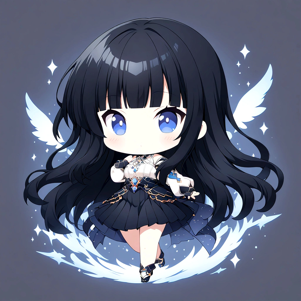 chibi\(style\),whole body、Black Hair、blunt bangs、Semi-long hair、White shirt,Black Stretched Skirt、1 girl, 2D CG, Advanced digital anime art, anime character、Background white