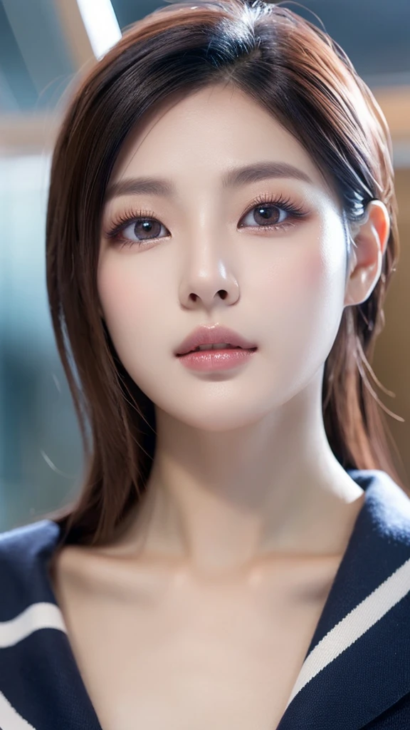 A Korean women with siren eyes, small straight pointy nose, wide plumb lips with hazel eyes, small face with v jawline and clear glass pale skin