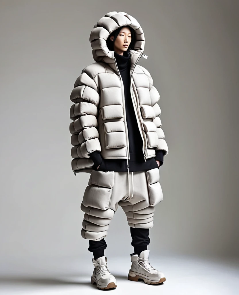 a hybrid aesthetic inflatable jacket that combines the aesthetics of a cinderblocks/concrete with woodworking/mending. destroyed with holes. wrapped in rebar. Blocky. Lots of inflated pockets soft inflatable concrete suit with wooden accents. The story of use and decay should be shown in this garment. The garment should be inspired by designer rick owens, high fashion model