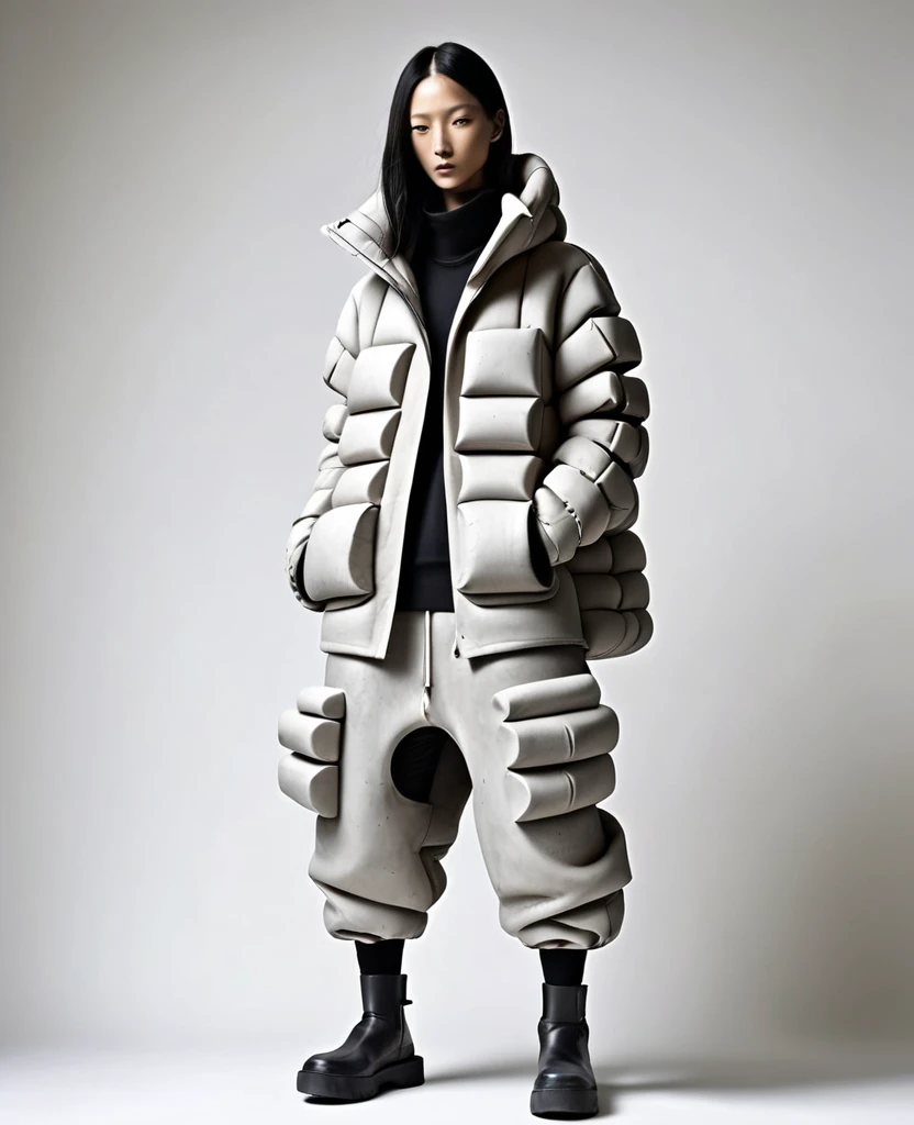 a hybrid aesthetic inflatable jacket that combines the aesthetics of a cinderblocks/concrete with woodworking/mending. destroyed with holes. wrapped in rebar. Blocky. Lots of inflated pockets soft inflatable concrete suit with wooden accents. The story of use and decay should be shown in this garment. The garment should be inspired by designer rick owens, high fashion model