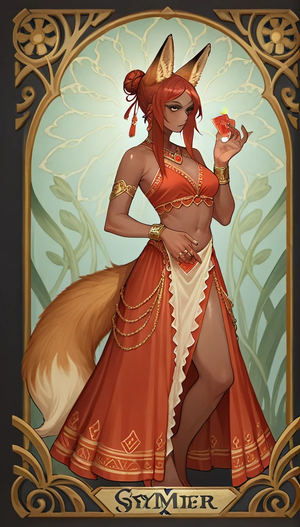 score_9, score_8_up, score_7_up, score_6_up, score_5_up, score_4_up, 
female, (fox:1.2), animal ears, holding ((2 red magic Crystals on hands), hand_up:0.75) , jewelery, hair_bun, dark_skin, dark_skinned_female, red hair, brown eyes, eyelashes, frills, ((Translucent croptop, arabic bloomers:0.75)),
Full body standing painting, (((solo))), Simple line design, ((tarot card background, symmetric beauty)), perfectly symmetrical, The art of symmetry, Standing drawings of characters, ((flatcolors)), tmasterpiecetop Qualities qualtiy