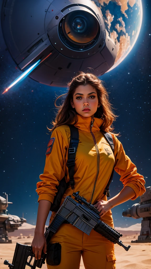 a woman holding a weapon in front of a spaceship, hyperrealistic fantasy art, eternal fatality, female assault soldier, sky planet background, inspired by Jan Victors,  with shotgun in foreground, oriana, grey orange, Dune (2021) --16:9 ratio, 5.1 sound