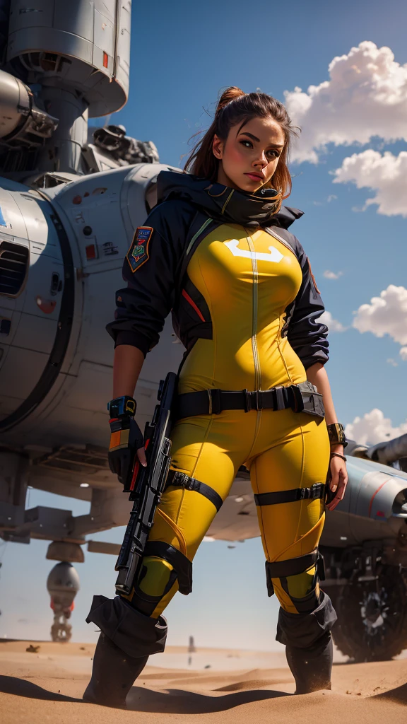 a woman holding a weapon in front of a spaceship, hyperrealistic fantasy art, eternal fatality, female assault soldier, sky planet background, inspired by Jan Victors,  with shotgun in foreground, oriana, grey orange, Dune (2021) --16:9 ratio, 5.1 sound