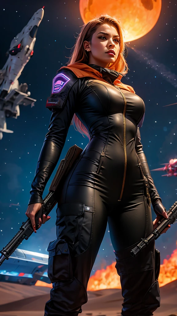 a woman holding a weapon in front of a spaceship, hyperrealistic fantasy art, eternal fatality, female assault soldier, sky planet background, inspired by Jan Victors,  with shotgun in foreground, oriana, grey orange, Dune (2021) --16:9 ratio, 5.1 sound