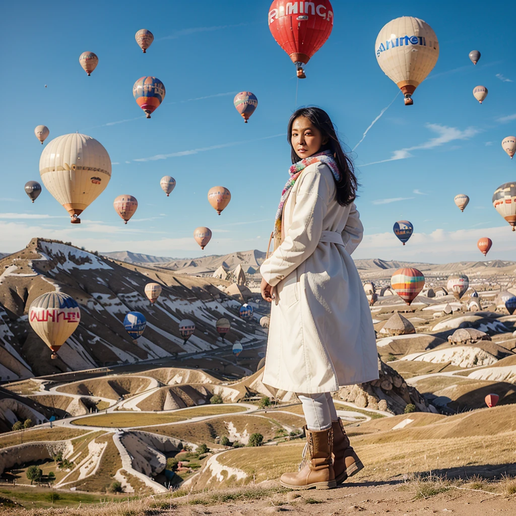 A beautiful 26 year old Indonesian woman wearing a white coat, scarf and high boots poses elegantly with several giant colorful balloons in the sky of Cappadocia, Turkey.