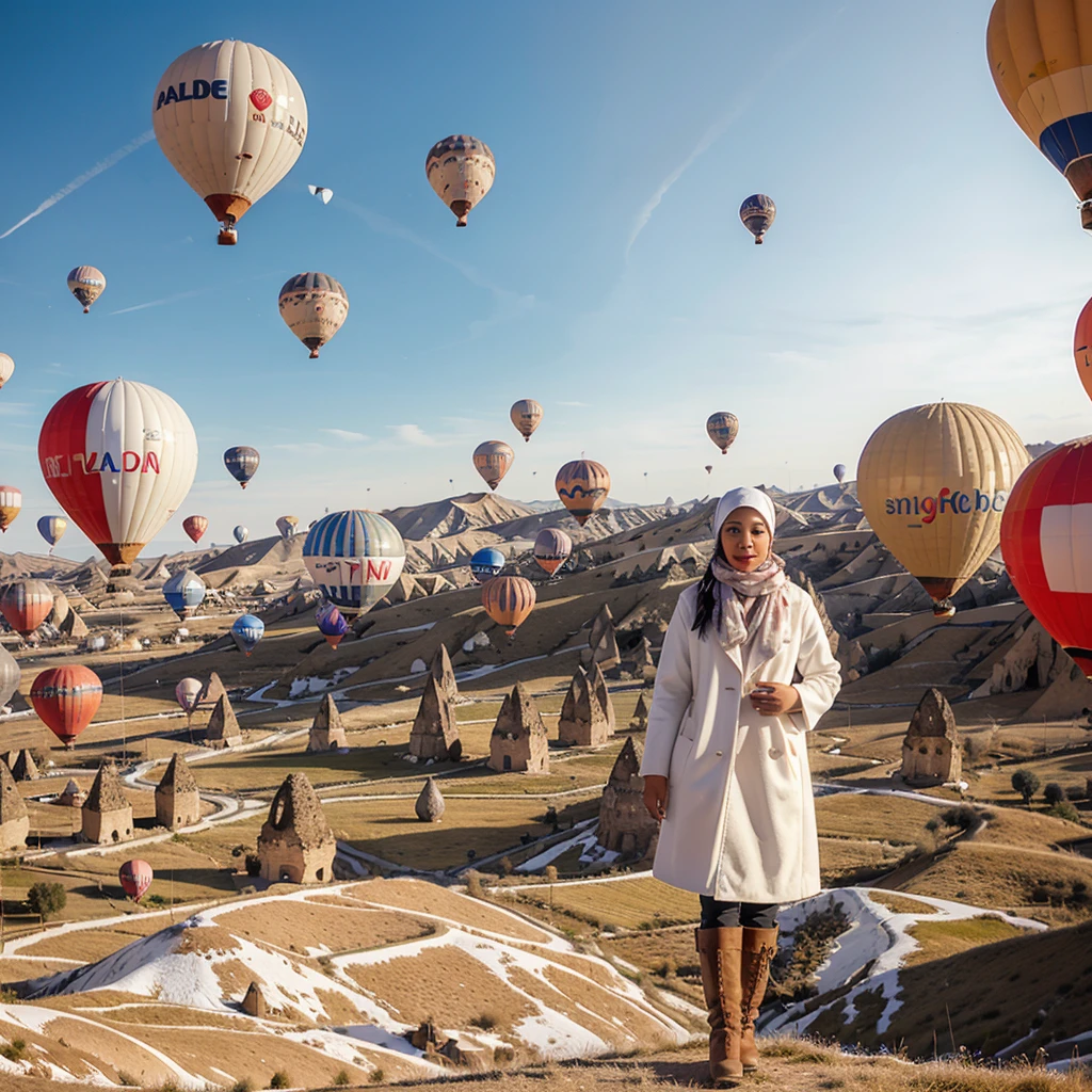 A beautiful 26 year old Indonesian woman wearing a white coat, scarf and high boots poses elegantly with several giant colorful balloons in the sky of Cappadocia, Turkey.