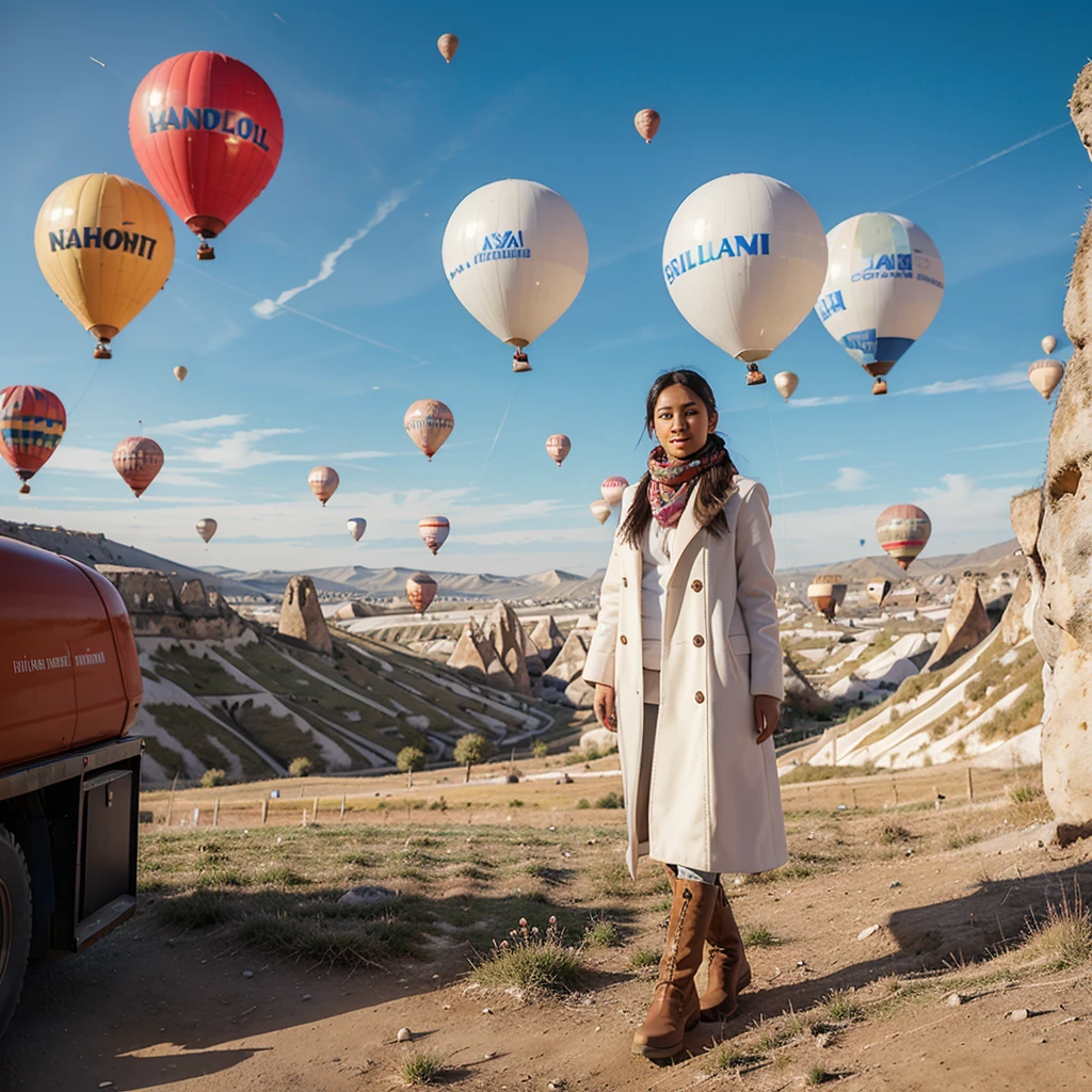 A beautiful 26 year old Indonesian woman wearing a white coat, scarf and high boots poses elegantly with several giant colorful balloons in the sky of Cappadocia, Turkey.