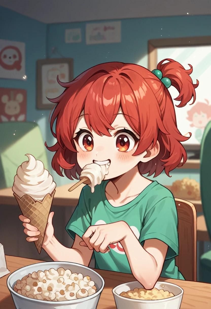 cute girl, 18 years, eating popcorn and ice cream, smiling, red hair, pixer cartoon, class room, 