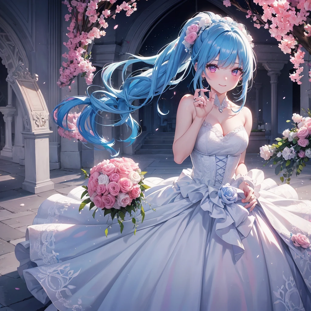 Sky blue hair, (Braided Ponytail),(Pink Eyes),Fair skin ,(whole body),(One girl),bride,A big smile,Straight bangs, 6月のbride,Wedding dress,(masterpiece, Highest quality, Very detailed, Best Shadow), (Detailed Background), (Beautifully detailed face), High Contrast, (Best lighting, Very delicate and beautiful), ((Cinematic Light)), colorful, Hyper Detail, Dramatic Light, Intricate details,Chapel background,Bouquet of roses,Ring on left ring finger,