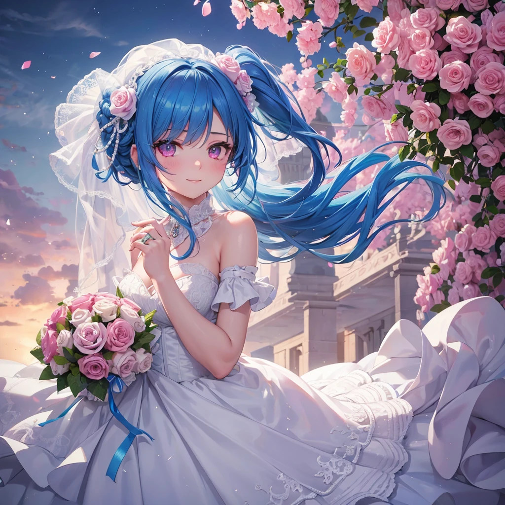 Sky blue hair, (Braided Ponytail),(Pink Eyes),Fair skin ,(whole body),(One girl),bride,A big smile,Straight bangs, 6月のbride,Wedding dress,(masterpiece, Highest quality, Very detailed, Best Shadow), (Detailed Background), (Beautifully detailed face), High Contrast, (Best lighting, Very delicate and beautiful), ((Cinematic Light)), colorful, Hyper Detail, Dramatic Light, Intricate details,Chapel background,Bouquet of roses