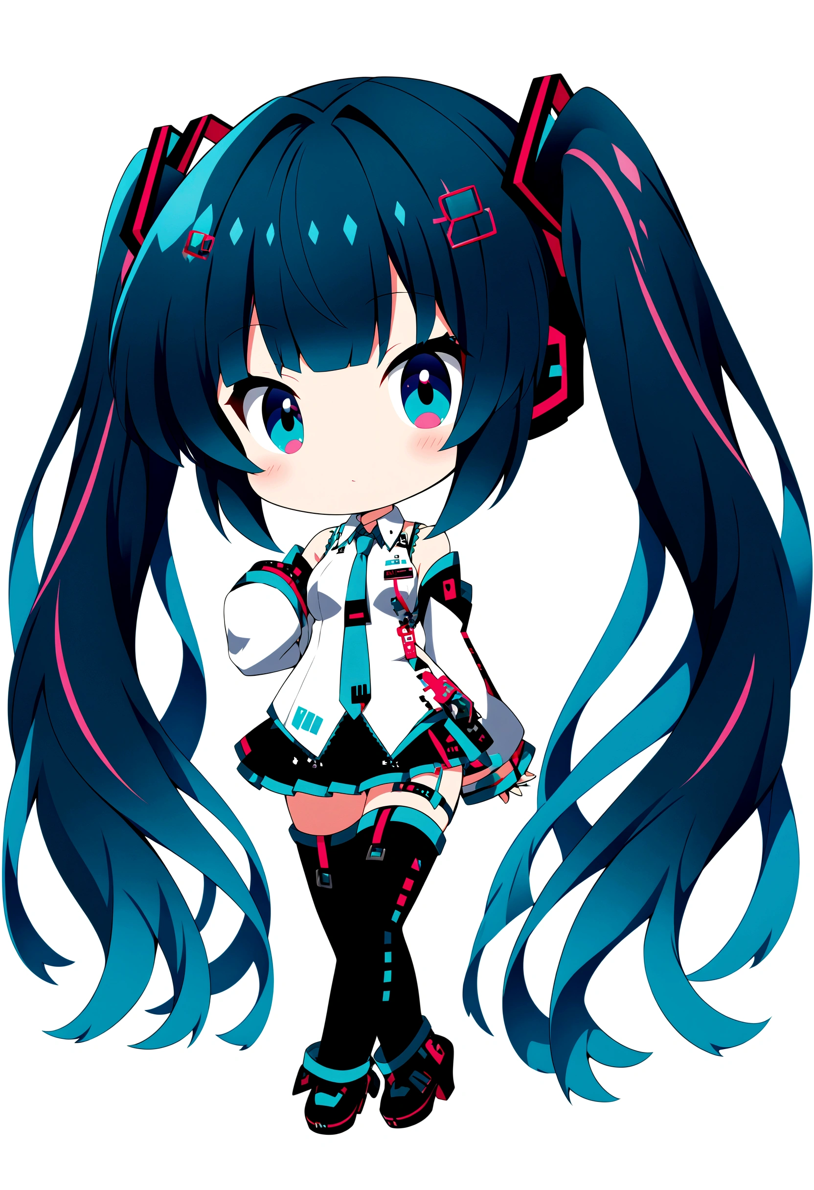 chibi\(style\),whole body、Black Hair、blunt bangs、White shirt、 hatsune miku,1 girl, 2D CG, Advanced digital anime art, anime character、Background white