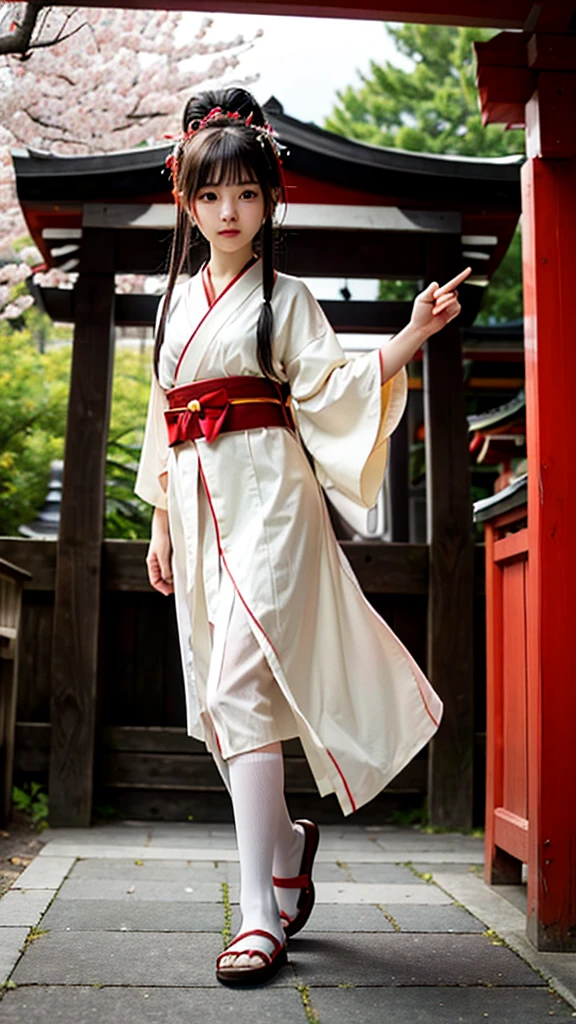 ((masterpiece,Highest quality)),Outdoor, Red Torii Gate, wood,  stage,, Two Girls, Shrine maiden,Shrine maiden, View your viewers, Recall,, Red legwear, red ribbon, Black Hair,cherry blossoms, Day, flower, Hair Bun, hair ribbon, kimono, kimono, Long Hair, Cat ear, small flowers，, Multiple Girls,  Red eyes, Redhead, ribbon, Sandals, single Hair Bun, Are standing,clog Sandals,white kimono, Yellow Eyes,Shine,Knee socks,