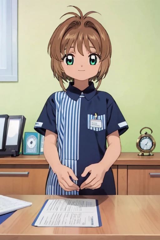 konbini, scenery, shop, indoors, || LAWSONU, employee uniform, uniform, id card, striped, shirt, pants,, ultra detailed, masterpiece, best quality, aesthetic, detailed,, solo, soft smile, light smile,
1girl, medium breasts,アニメ,cute, 6 year old girl,Short Bob Hair,Brown Hair,Your eyes are shining,Happy expression,Beautiful background,High resolution backgrounds,Card Captor Sakura,Her uniform is torn and her underwear is exposed.