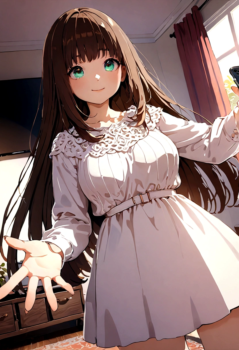 ((1girl)),  super fine illustration, vibrant colors, absurdres extremely detailed CG, 8k wallpaper, (masterpiece:1.3), dynamic angle, dynamic pose, 
best quality, depth of field, cinematic lighting, ultra detailed, brown long hair, very straight hair, large breast, white knit dress , 20yo, cute, kawaii, smile, droopy eyes, arms at sides, smartphone, modern living room, The screen of the smartphone in his hand is facing towards me