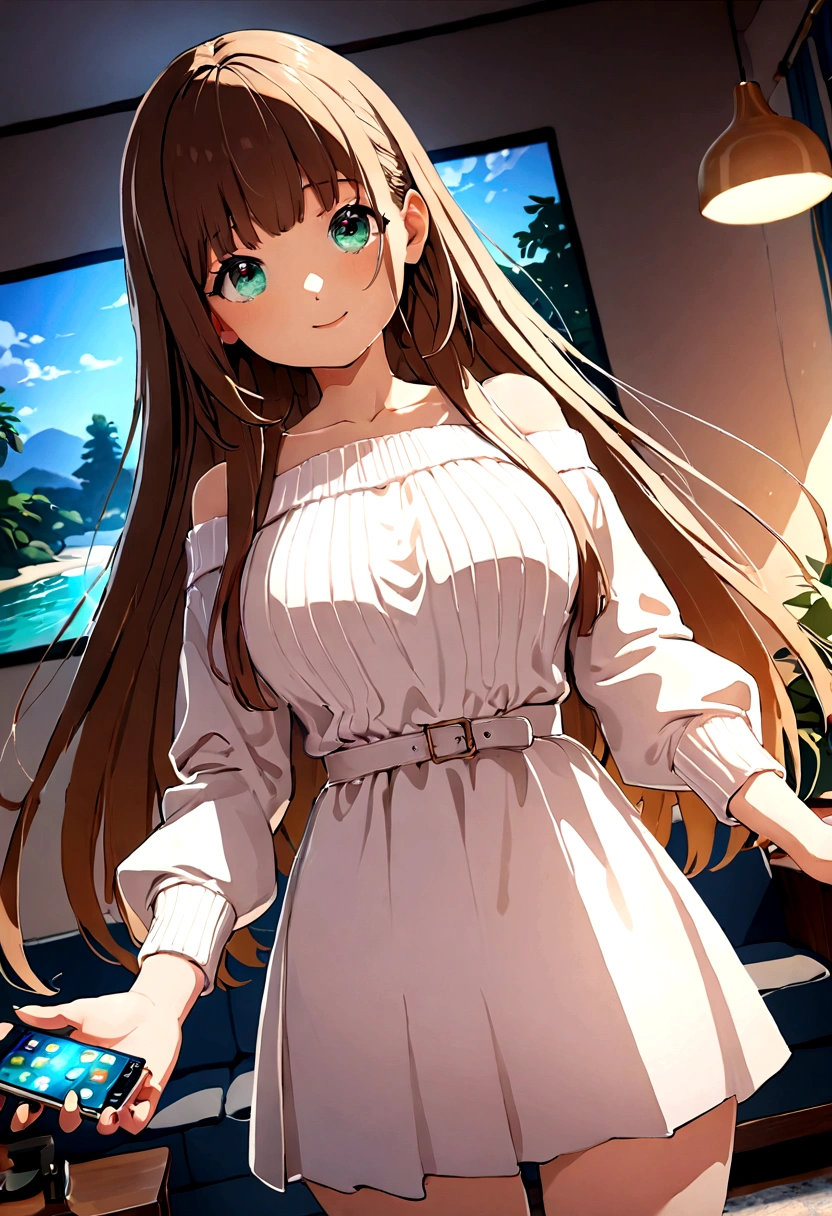 ((1girl)),  super fine illustration, vibrant colors, absurdres extremely detailed CG, 8k wallpaper, (masterpiece:1.3), dynamic angle, dynamic pose, 
best quality, depth of field, cinematic lighting, ultra detailed, brown long hair, very straight hair, large breast, white knit dress , 20yo, cute, kawaii, smile, droopy eyes, arms at sides, smartphone, modern living room, The screen of the smartphone in his hand is facing towards me