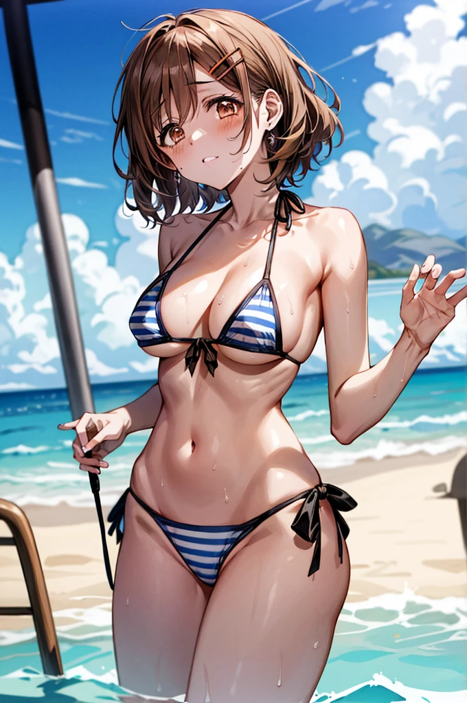 NSFW、Toned body、Big Breasts、Armpit、Bare thighs、(Brazilian Bikini、Micro Mini Bikini、White and light blue stripes)、独奏、(short hair、Brown Hair、Barrette、hair ornaments)、(Brown eyes:1.5)、(yuihirasawa、yui hirasawa、Yui Hirasawa)、(Bikini transparent with sweat、Mansuji)、Big Breasts、Seaside、Beachside、独奏