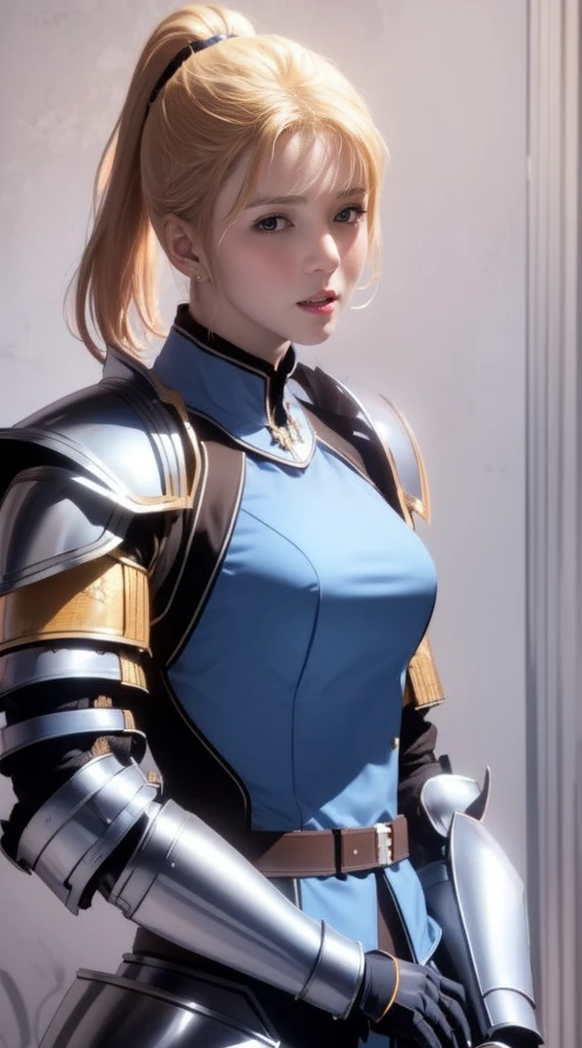 best quality, (masterpiece:1.2), highly detailed, day, city,
1girl, solo, cha hae-in, closed mouth, from front, looking at viewer,
blonde hair, short hair, brown eyes, ponytail, (blue armor:1.4), belt, bodysuit