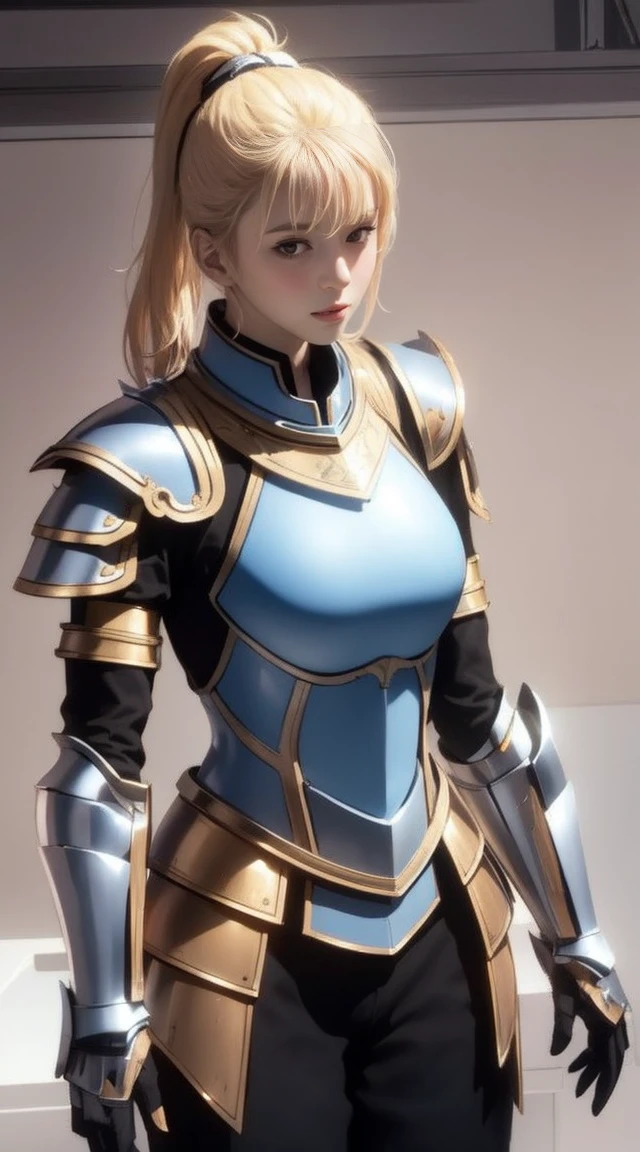 best quality, (masterpiece:1.2), highly detailed, day, city,
1girl, solo, cha hae-in, closed mouth, from front, looking at viewer,
blonde hair, short hair, brown eyes, ponytail, (blue armor:1.4), belt, bodysuit