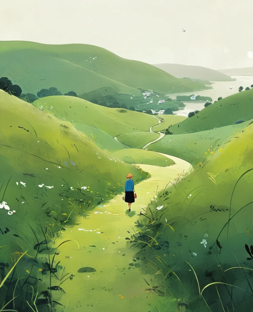 A woman walks along the path between many green hills, in the style of Hergé and Goro Fujita. The ground is covered with grasses and there is plenty of space around her, creating an atmosphere of calmness and tranquility.